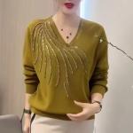Autumn Winter Women Sweaters Pullovers Solid V-Neck Diamonds Temperament Fashion Casual Long Sleeve Bottoming Shirt Knit Tops.