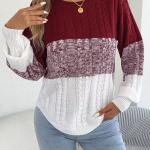 Woman Casual Color Block Striped Sweater Round Neck Lantern Long Sleeve Twist Knitted Tops for  Winter Women Clothes