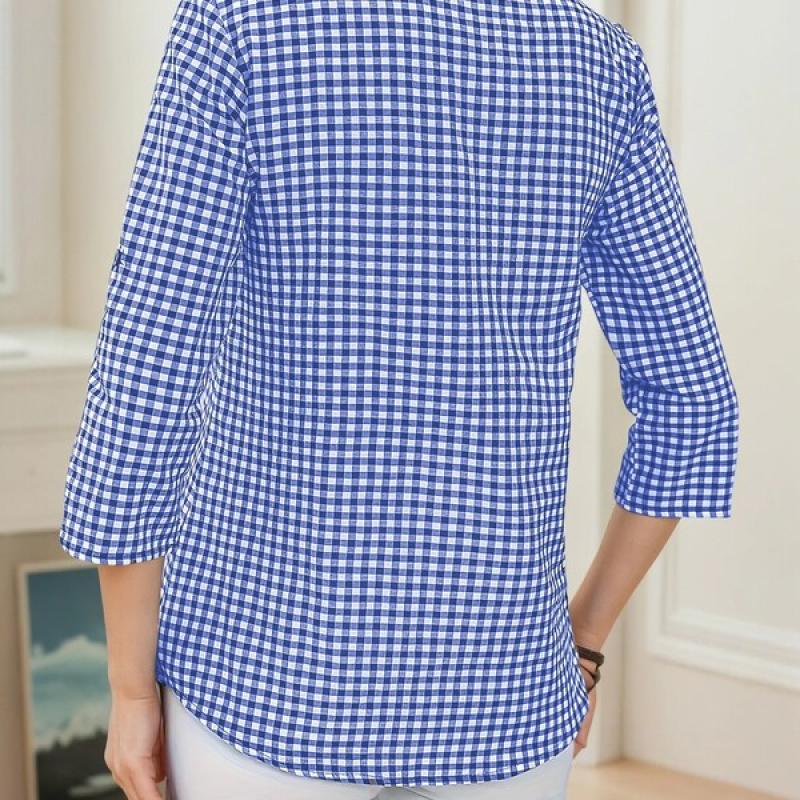 Plus Size Spring Autumn Women Fine Plaid Fashion Long Sleeve V-Neck Blouse Slim Fit Temperament Top Belly Covering Small Shirts
