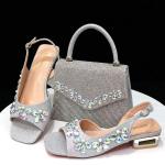 Italian Fashion Women Heels Small size Elegant Flower Decoration Black Shoes And Bag Full rhinestone Party bag.