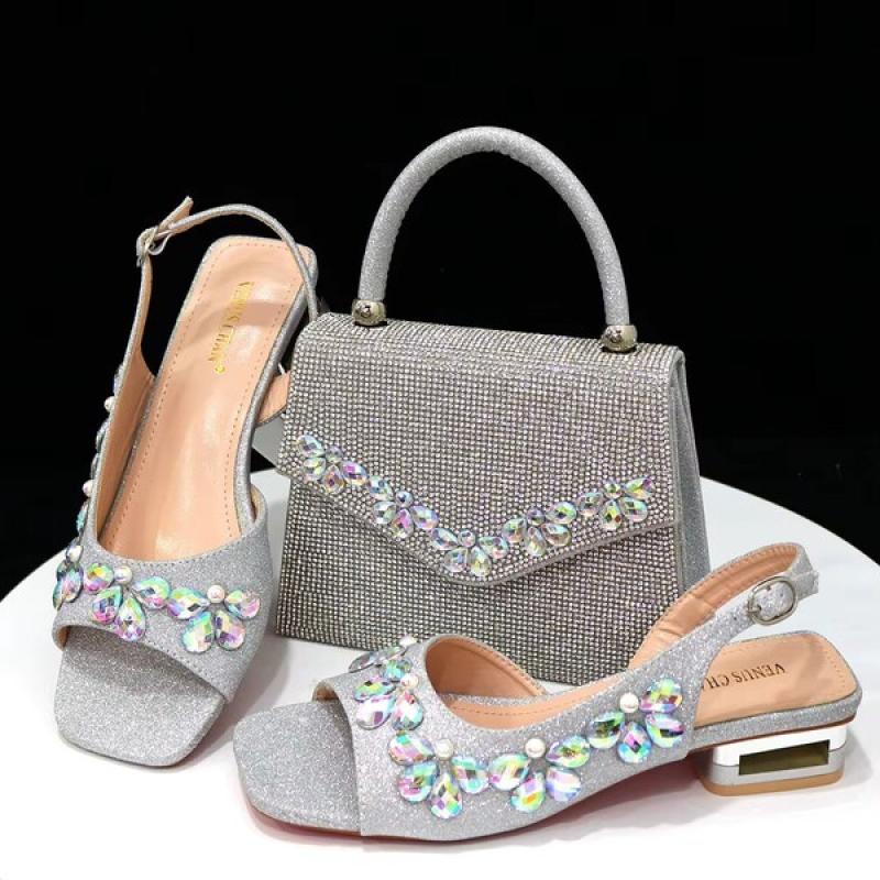 Italian Fashion Women Heels Small size Elegant Flower Decoration Black Shoes And Bag Full rhinestone Party bag.
