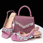 Italian Fashion Women Heels Small size Elegant Flower Decoration Black Shoes And Bag Full rhinestone Party bag.