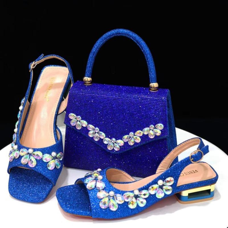 Italian Fashion Women Heels Small size Elegant Flower Decoration Black Shoes And Bag Full rhinestone Party bag.