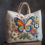 Embroidery Canvas Tote Bag Kit, Cross Stitch Needlepoint Craft Kit, Flowers Butterfly Pattern, Shopping Work Tote.
