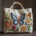 Embroidery Canvas Tote Bag Kit, Cross Stitch Needlepoint Craft Kit, Flowers Butterfly Pattern, Shopping Work Tote.