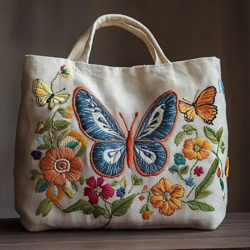 Embroidery Canvas Tote Bag Kit, Cross Stitch Needlepoint Craft Kit, Flowers Butterfly Pattern, Shopping Work Tote.