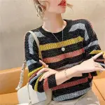 Spring Summer New Hollow Color Striped Knitted Top Women's Loose Fit Cropped Bat Top Thin Cover Ups Crew Neck Pullovers