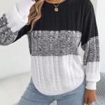 Woman Casual Color Block Striped Sweater Round Neck Lantern Long Sleeve Twist Knitted Tops for  Winter Women Clothes