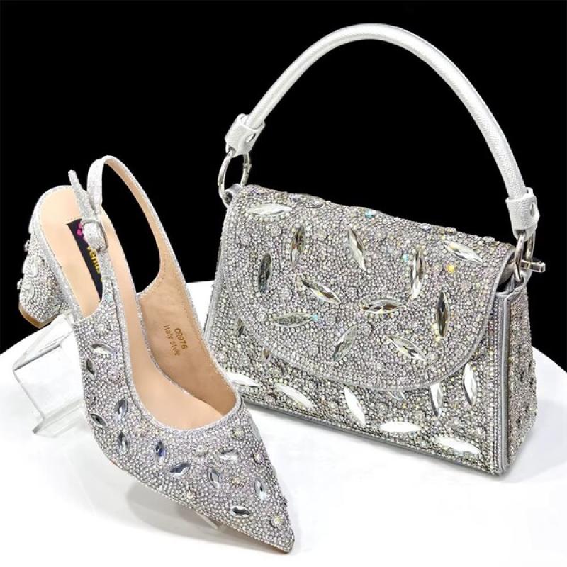 Elegant Women's Nigerian Fashion Pointed-Toe Party Shoe and Bag Set Rhinestone Luxurious Rhinestone Pumps for Special Occasions.