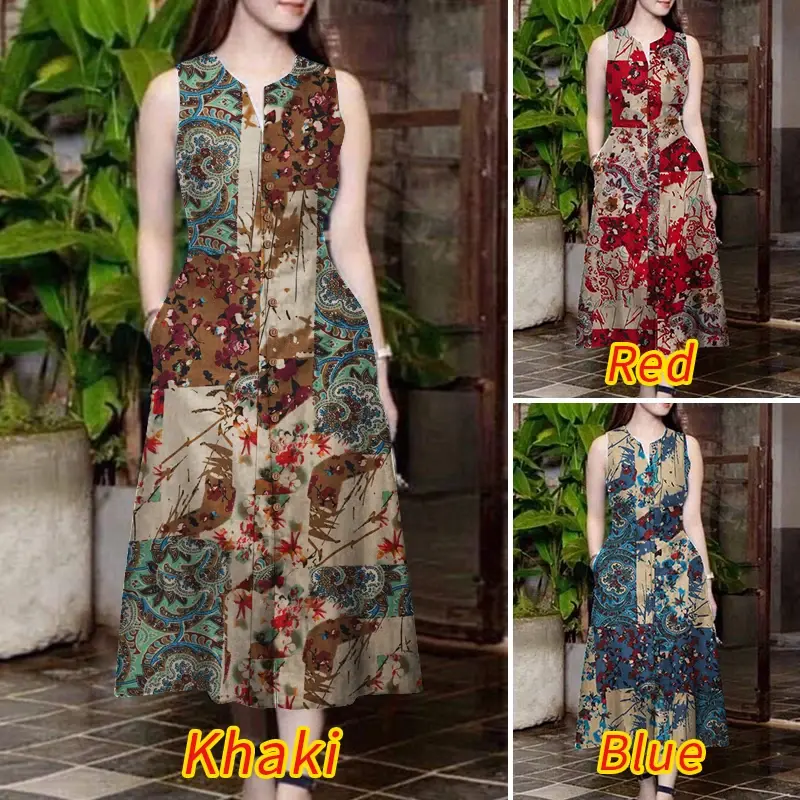 ZANZEA Casual Sleeveless Women's Midi Dress  Summer Vintage Printing Cotton Sundress V-neck Slit Hem A-line Vestidos Mujer