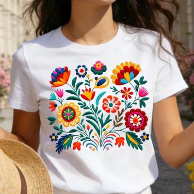Floral Embroidery T-Shirt, Folk Art Style Women Tee, Mexican Culture Inspired Flower Top, Short Sleeve Casual Shirt.