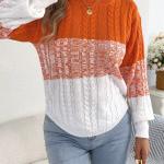 Woman Casual Color Block Striped Sweater Round Neck Lantern Long Sleeve Twist Knitted Tops for  Winter Women Clothes