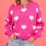 Women's Hot Pink Oversized Knit Sweater Heart Pattern Crew Neck Long Sleeve Casual Pullover Fuzzy Heart Pattern Sweater.