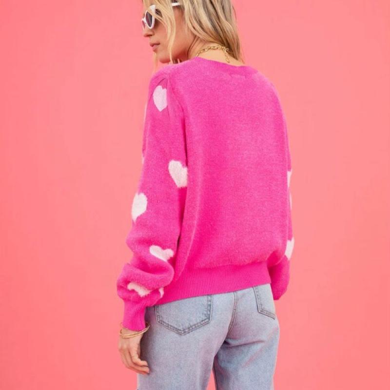 Women's Hot Pink Oversized Knit Sweater Heart Pattern Crew Neck Long Sleeve Casual Pullover Fuzzy Heart Pattern Sweater.