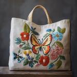 Embroidery Canvas Tote Bag Kit, Cross Stitch Needlepoint Craft Kit, Flowers Butterfly Pattern, Shopping Work Tote.