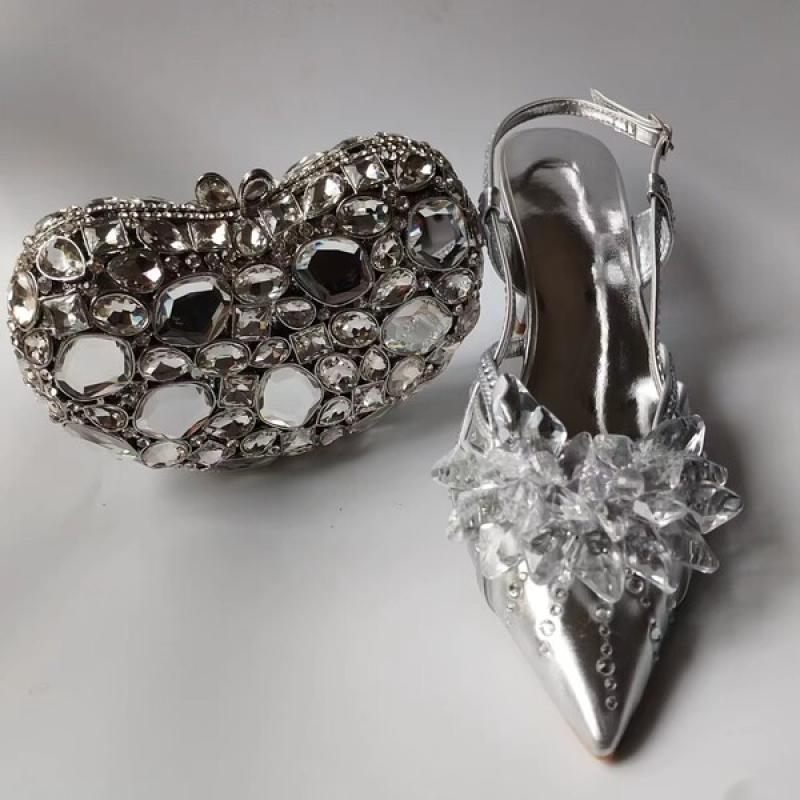 INSIGHTLINK Ladies Pointed Toe Shoes with shiny Metal Evening Clutch Bags Women Party Sandals or Commuting Shoes and Purse Set.