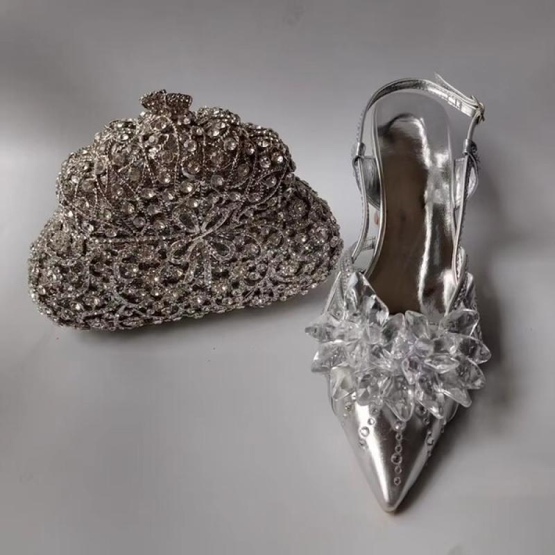 INSIGHTLINK Ladies Pointed Toe Shoes with shiny Metal Evening Clutch Bags Women Party Sandals or Commuting Shoes and Purse Set.