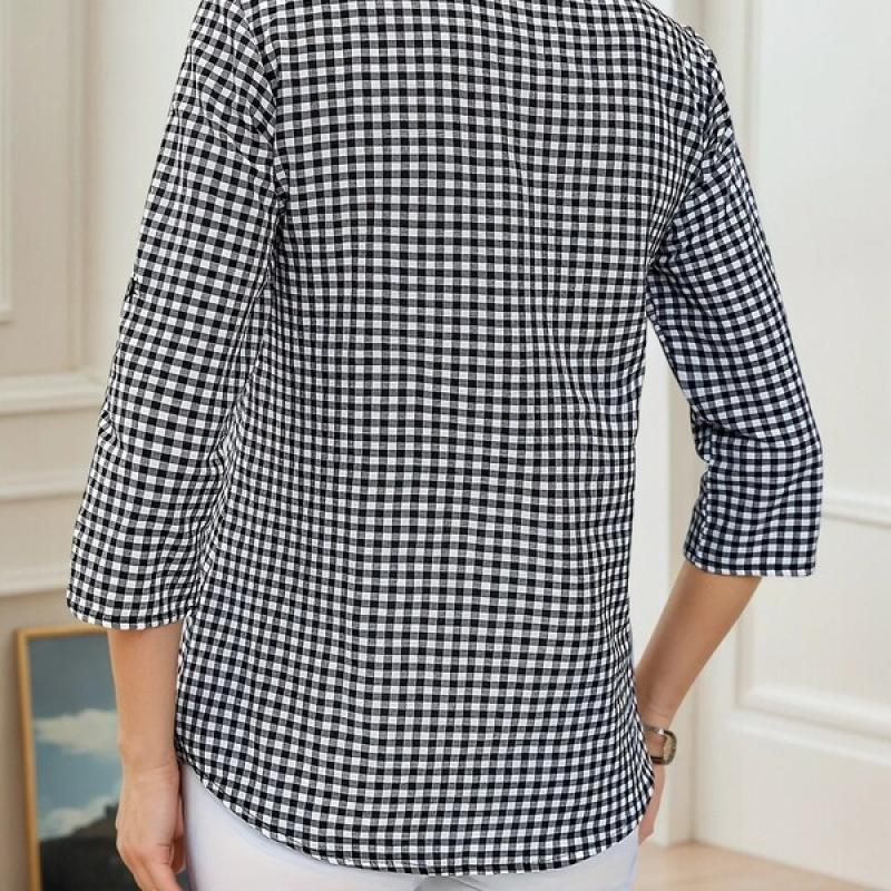 Plus Size Spring Autumn Women Fine Plaid Fashion Long Sleeve V-Neck Blouse Slim Fit Temperament Top Belly Covering Small Shirts