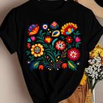 Floral Embroidery T-Shirt, Folk Art Style Women Tee, Mexican Culture Inspired Flower Top, Short Sleeve Casual Shirt.