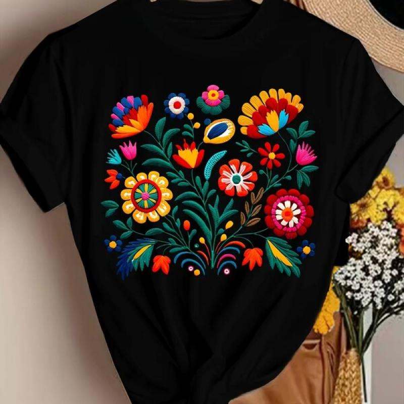 Floral Embroidery T-Shirt, Folk Art Style Women Tee, Mexican Culture Inspired Flower Top, Short Sleeve Casual Shirt.