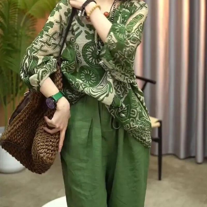 Summer New Retro Style Print Pullover Tops Women's Clothing Round Neck Lacing Loose-fitting Green Long Sleeve T-Shirt