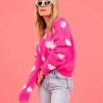 Women's Hot Pink Oversized Knit Sweater Heart Pattern Crew Neck Long Sleeve Casual Pullover Fuzzy Heart Pattern Sweater.