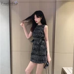 Vestidos Summer Tweed Dress Women Sleeveless Lace-up Bow O-Neck Plaid Classic Elegant Casual Empire Short Mini Dress