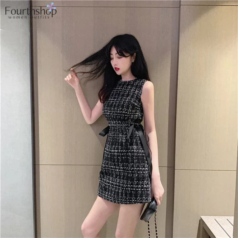 Vestidos Summer Tweed Dress Women Sleeveless Lace-up Bow O-Neck Plaid Classic Elegant Casual Empire Short Mini Dress