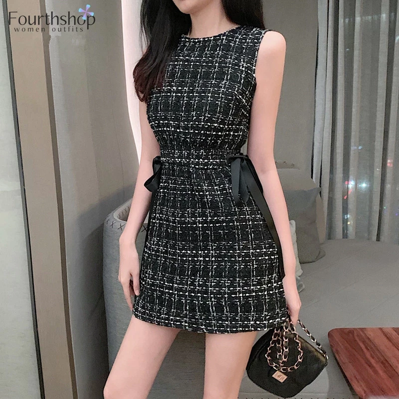 Vestidos Summer Tweed Dress Women Sleeveless Lace-up Bow O-Neck Plaid Classic Elegant Casual Empire Short Mini Dress