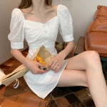 Vintage Elegant Lace Dress Square Collar Embroidery Chic Floral Dress