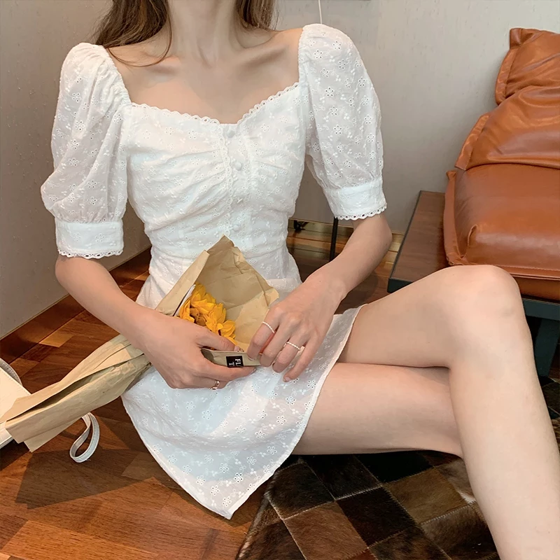 Vintage Elegant Lace Dress Square Collar Embroidery Chic Floral Dress