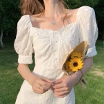 Vintage Elegant Lace Dress Square Collar Embroidery Chic Floral Dress