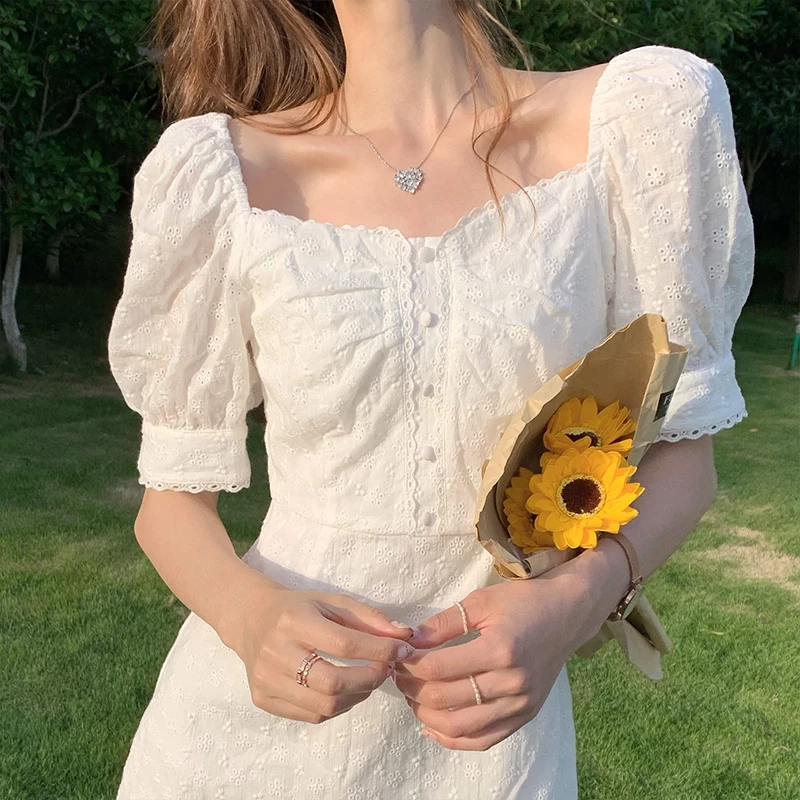 Vintage Elegant Lace Dress Square Collar Embroidery Chic Floral Dress