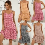 Women's Sexy Spaghetti Strap V Neck Backless Polka Dot Printed Dress]   Mini Dresses