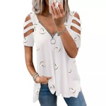 Women Shirt Loose Casual Short Sleeve V-Neck Zipper Love Printing T Shirts Fashion Off Shoulder Tops