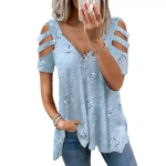 Women Shirt Loose Casual Short Sleeve V-Neck Zipper Love Printing T Shirts Fashion Off Shoulder Tops