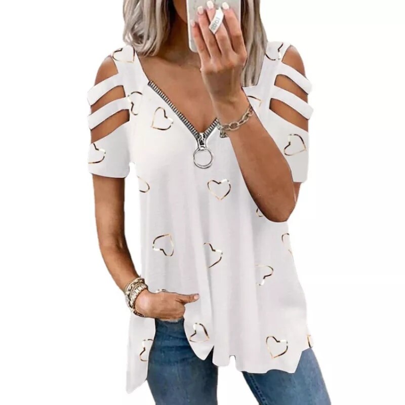 Women Shirt Loose Casual Short Sleeve V-Neck Zipper Love Printing T Shirts Fashion Off Shoulder Tops